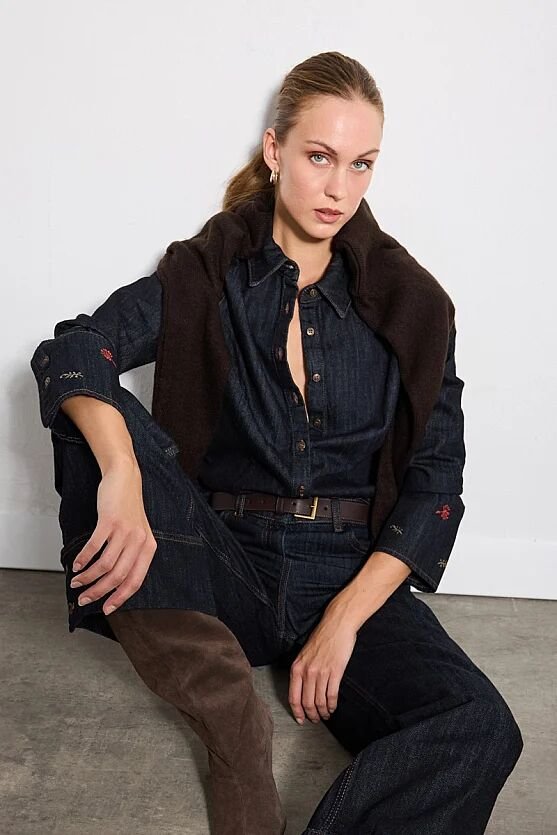 Hayalperest Koleksiyonu Kolları Nakış Detaylı Denim Gömlek - Lacivert - 6