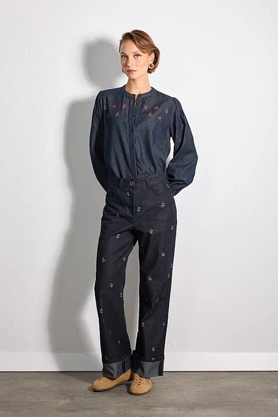 Hayalperest Koleksiyonu Nakışlı Denim Gömlek - Lacivert - Gusto