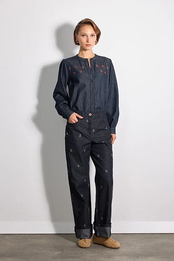 Hayalperest Koleksiyonu Nakışlı Denim Gömlek - Lacivert - Gusto