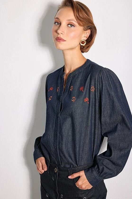 Hayalperest Koleksiyonu Nakışlı Denim Gömlek - Lacivert - Gusto