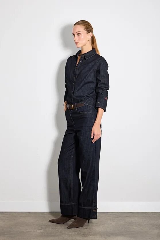 Hayalperest Koleksiyonu Paçası Düğme Detaylı Geniş Paça Denim Pantolon - Lacivert - Gusto
