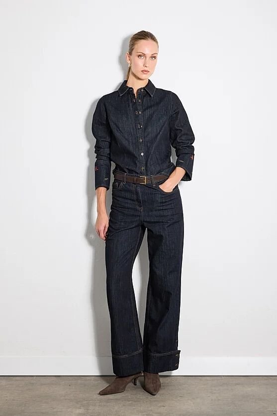 Hayalperest Koleksiyonu Paçası Düğme Detaylı Geniş Paça Denim Pantolon - Lacivert - Gusto