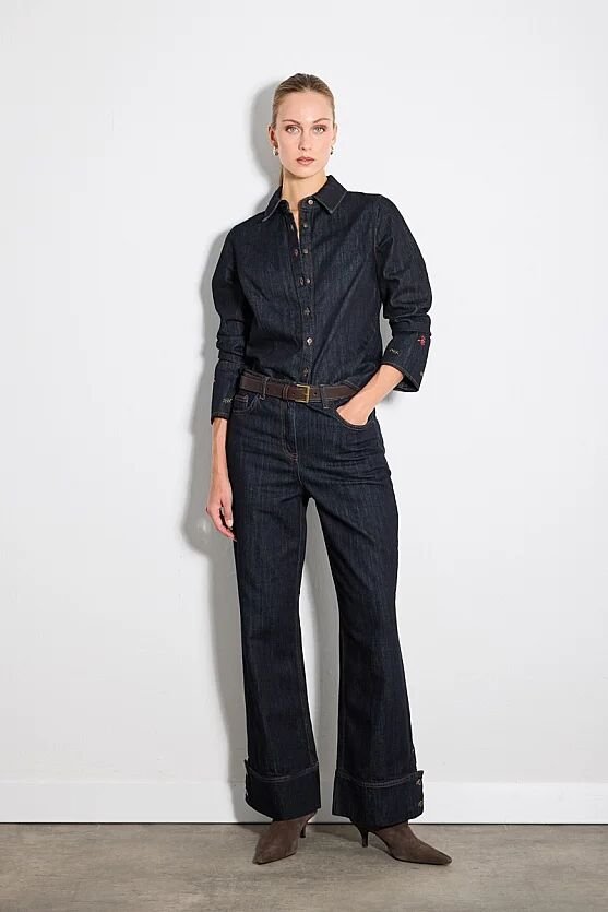 Hayalperest Koleksiyonu Paçası Düğme Detaylı Geniş Paça Denim Pantolon - Lacivert - Gusto