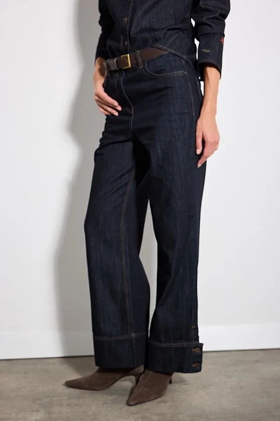 Hayalperest Koleksiyonu Paçası Düğme Detaylı Geniş Paça Denim Pantolon - Lacivert - Gusto