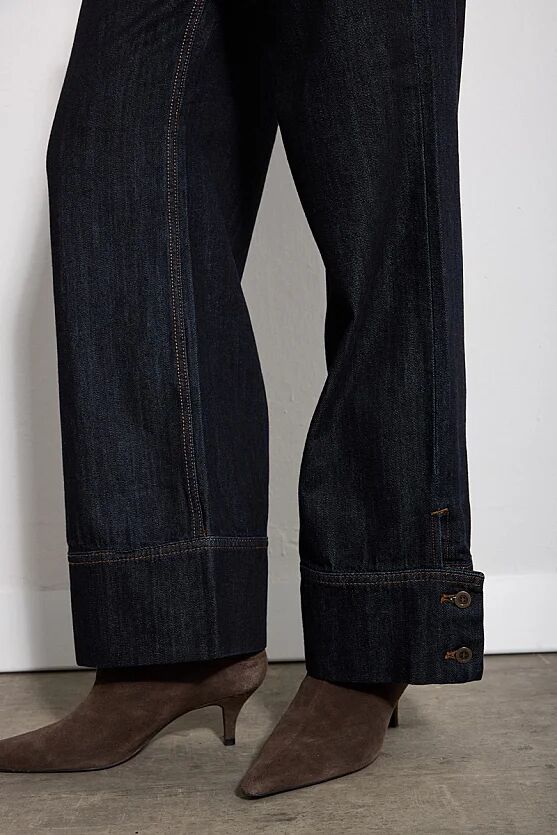Hayalperest Koleksiyonu Paçası Düğme Detaylı Geniş Paça Denim Pantolon - Lacivert - Gusto