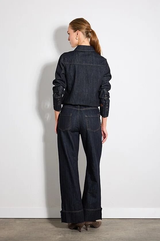 Hayalperest Koleksiyonu Paçası Düğme Detaylı Geniş Paça Denim Pantolon - Lacivert - Gusto