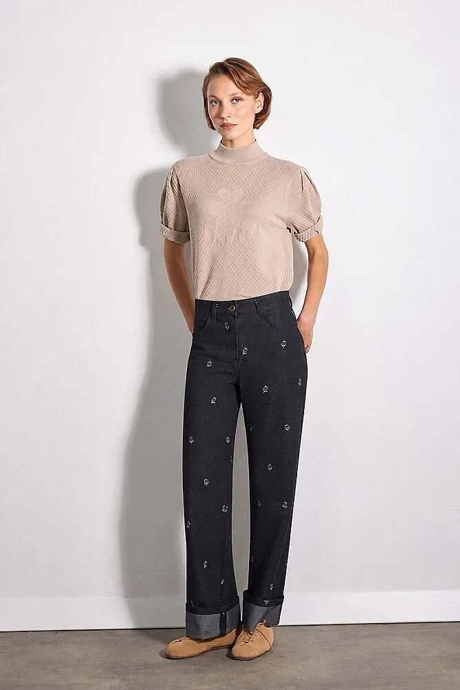 Hayalperest Koleksiyonu Paçası Katlamalı Denim Görünümlü Jakarlı Pantolon - Lacivert Lacivert