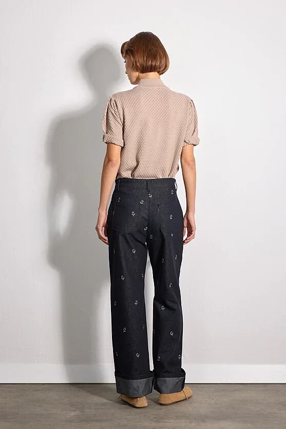 Hayalperest Koleksiyonu Paçası Katlamalı Denim Görünümlü Jakarlı Pantolon - Lacivert - Gusto