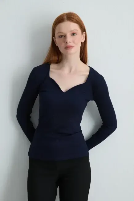 Heart-Neck Cotton Blouse - Navy Blue Navy Blue