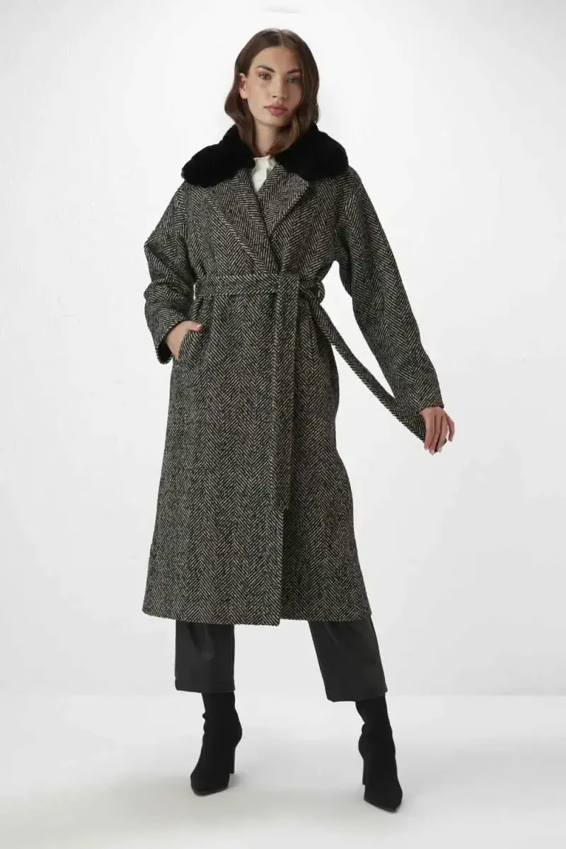Herringbone Coat with Fur Collar Gray AutumnWinter Gusto