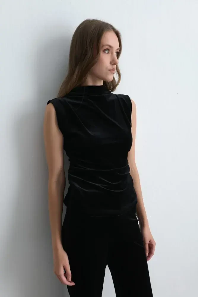 High Neck Gathered Velvet Blouse - Black Black