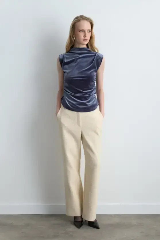 High Neck Gathered Velvet Blouse - Gray - Gusto