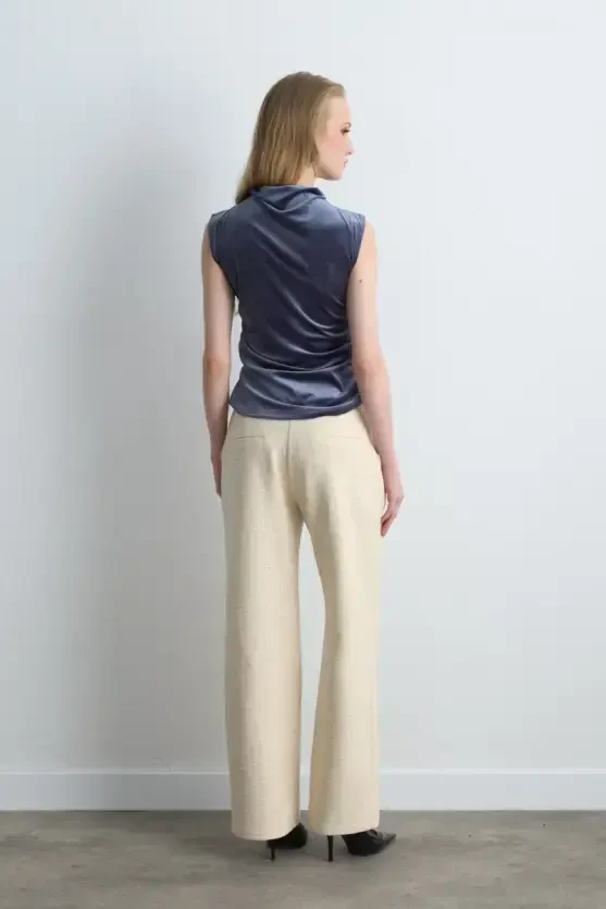 High Neck Gathered Velvet Blouse - Gray - Gusto