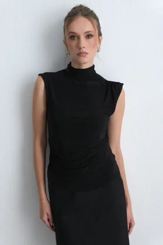 High Neck Jersey Blouse - Black - 2