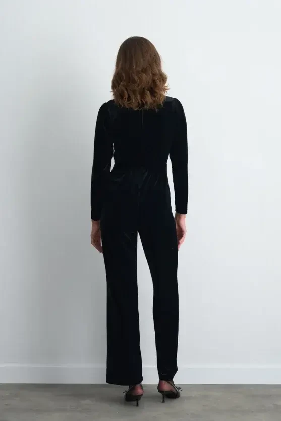 High Neck Velvet Jumpsuit - Black - 4