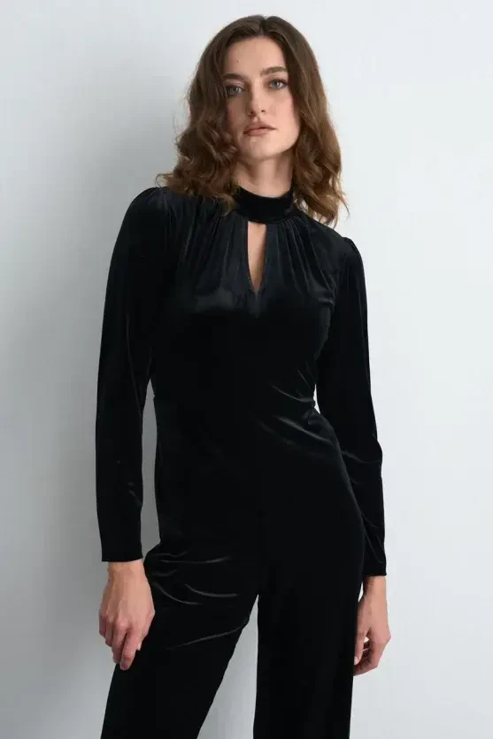 High Neck Velvet Jumpsuit - Black - Gusto