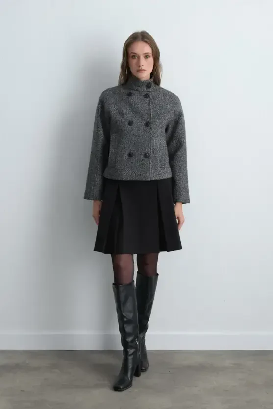 High Neck Wool Blend Jacket - Black - 4