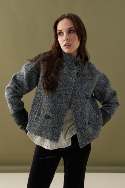 High Neck Wool Blend Jacket - Black - Gusto