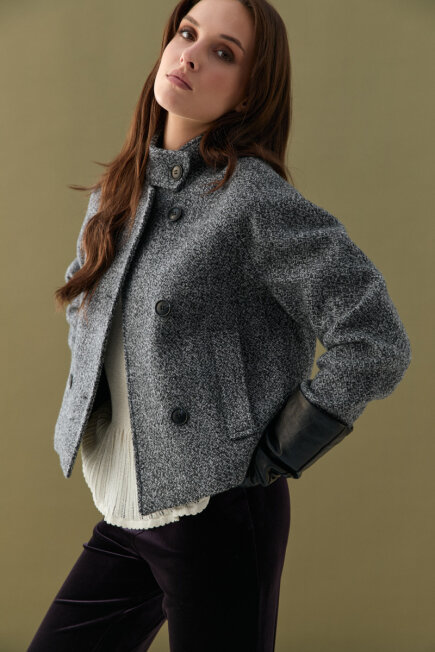 High Neck Wool Blend Jacket - Black - Gusto