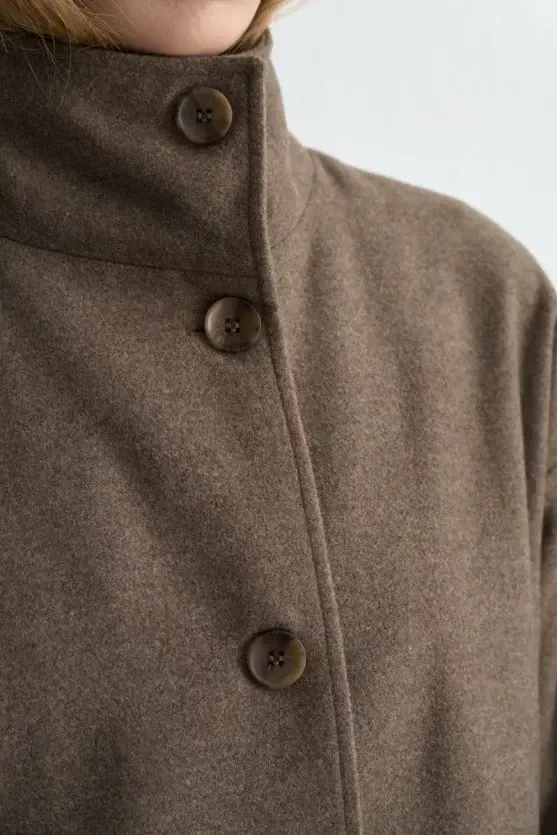 High Neck Wool Coat - Beige - Gusto