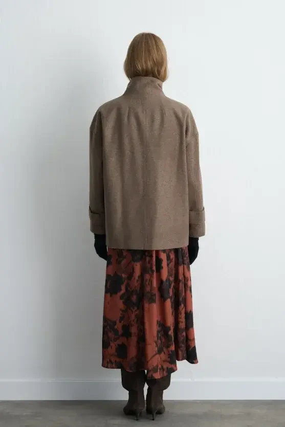 High Neck Wool Coat - Beige - 10