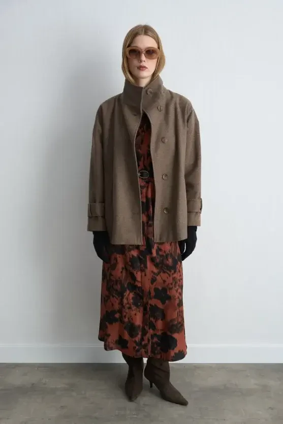 High Neck Wool Coat - Beige - Gusto