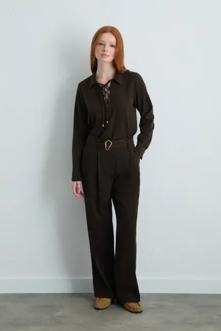 High-Waist Belted Lyocell Pants - Brown Brown