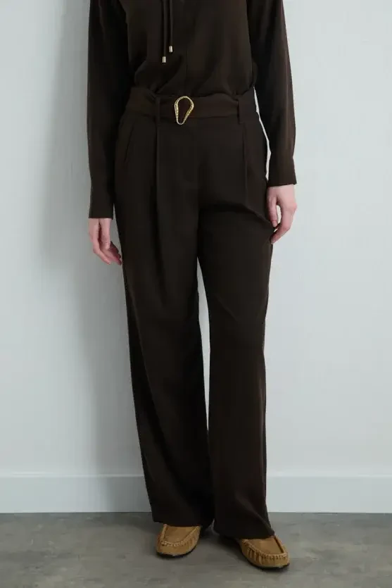 High-Waist Belted Lyocell Pants - Brown - 2