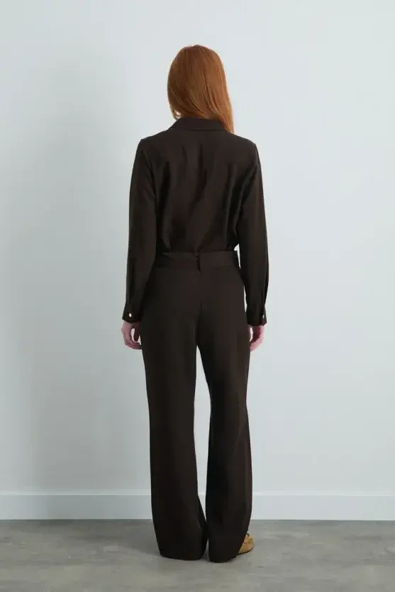 High-Waist Belted Lyocell Pants - Brown - Gusto