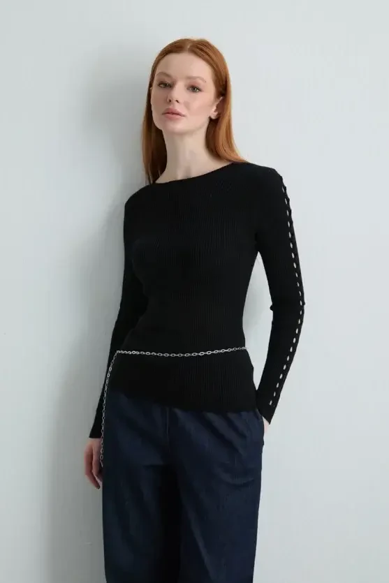 Hole-Detail Knit Blouse - Black - 1