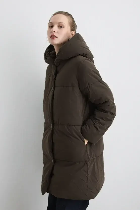Long Hooded Puffer Jacket - Brown - Gusto