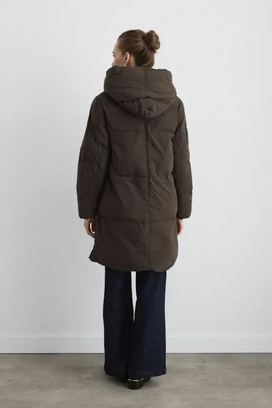 Long Hooded Puffer Jacket - Brown - 6