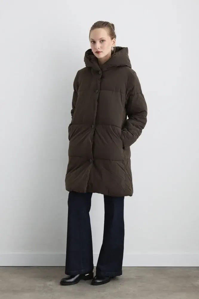 Long Hooded Puffer Jacket - Brown Brown