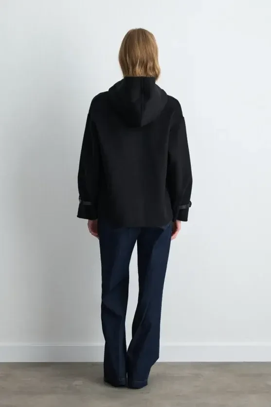 Hooded Unlined Wool Coat - Black - 7