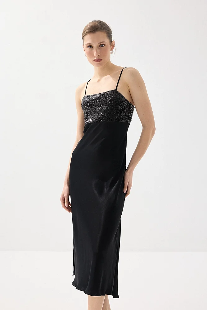 İnce Askılı Pul Payet Saten Midi Abiye Elbise - Siyah Siyah