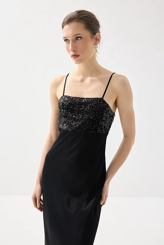 İnce Askılı Pul Payet Saten Midi Abiye Elbise - Siyah - 2