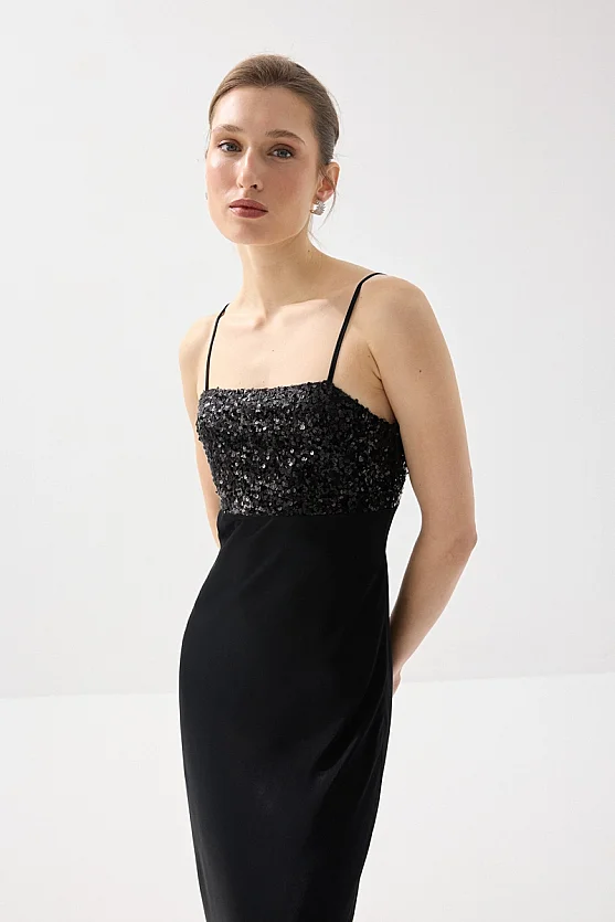 İnce Askılı Pul Payet Saten Midi Abiye Elbise - Siyah - 4