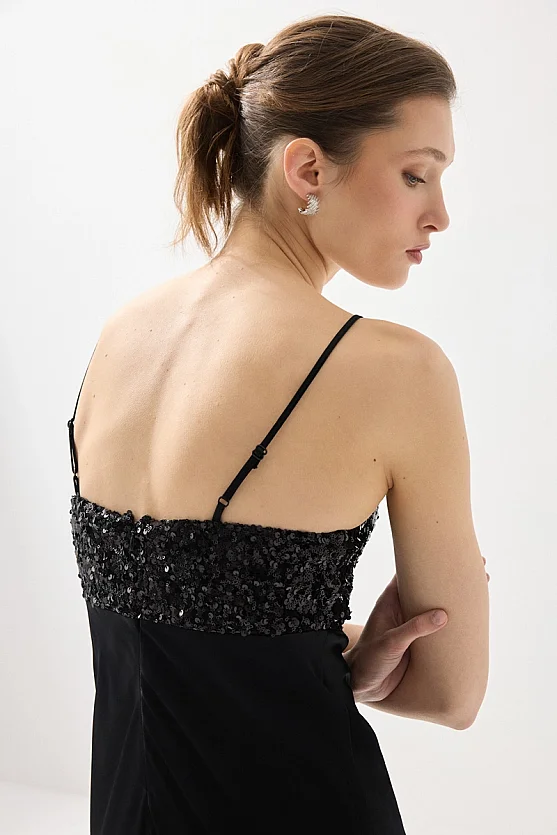 İnce Askılı Pul Payet Saten Midi Abiye Elbise - Siyah - 5