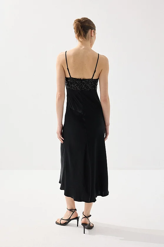 İnce Askılı Pul Payet Saten Midi Abiye Elbise - Siyah - Gusto