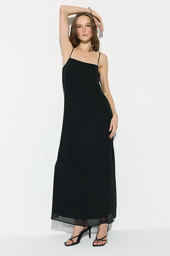 İnce Askılı Uzun Şifon Abiye Elbise - Siyah - 4