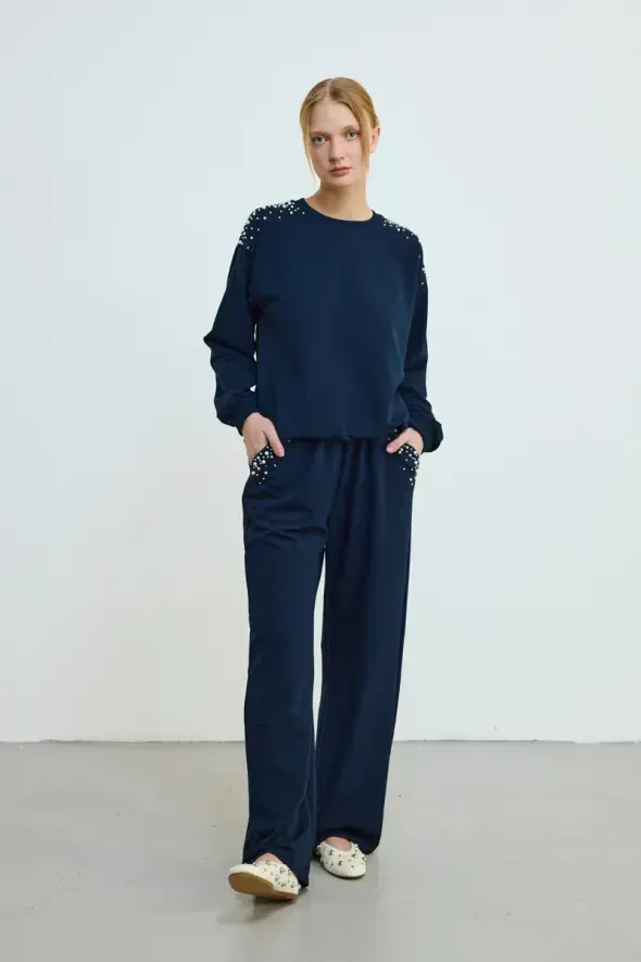 İnci Detaylı Pamuklu Sweatshirt - Lacivert - 2