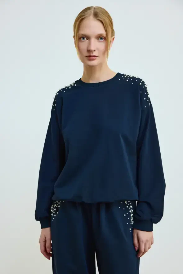 İnci Detaylı Pamuklu Sweatshirt - Lacivert - 1