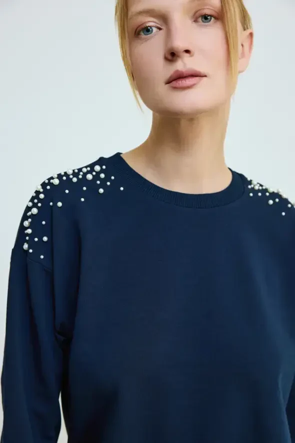 İnci Detaylı Pamuklu Sweatshirt - Lacivert - 3