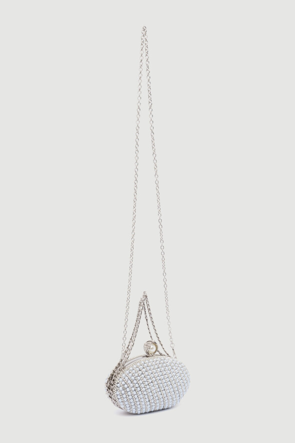 İnci İşlemeli Oval Abiye Clutch Çanta - Beyaz - 5