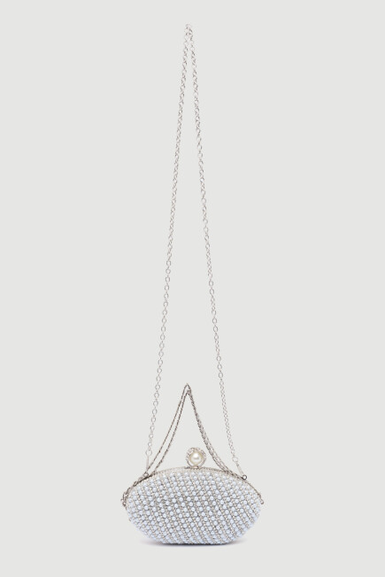 İnci İşlemeli Oval Abiye Clutch Çanta - Beyaz - Gusto