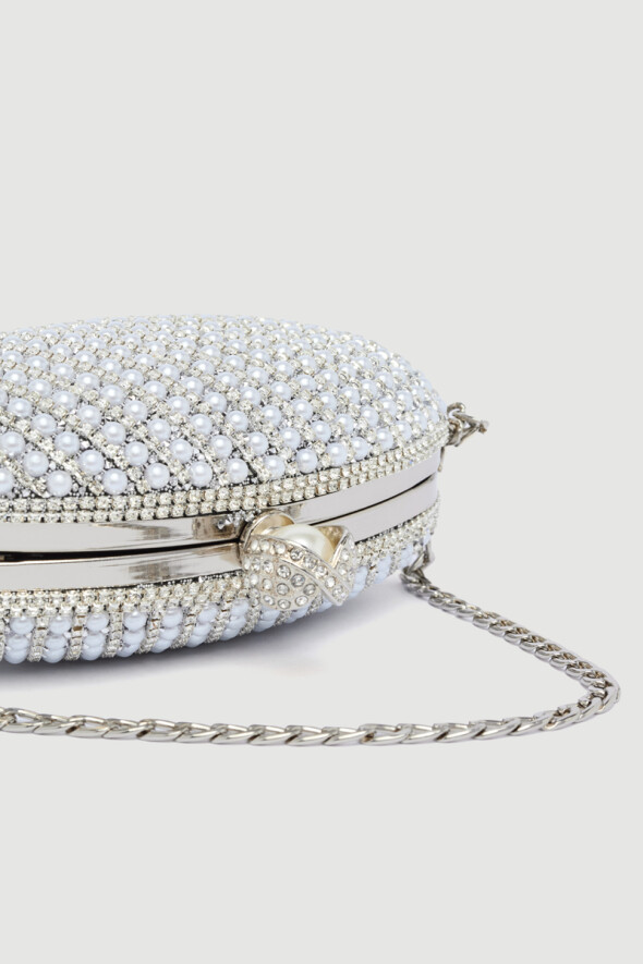 İnci İşlemeli Oval Abiye Clutch Çanta - Beyaz - 3
