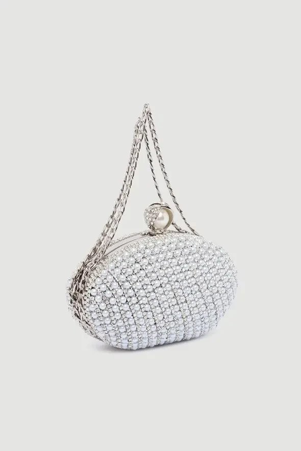 İnci İşlemeli Oval Abiye Clutch Çanta - Beyaz - 2