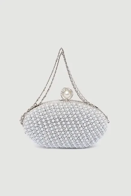 İnci İşlemeli Oval Abiye Clutch Çanta - Beyaz Beyaz