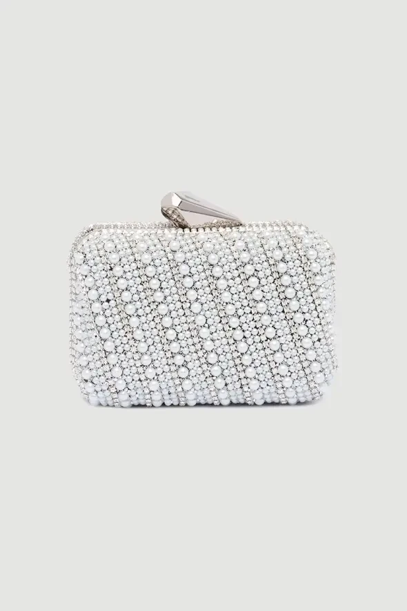 İncili Abiye Clutch Çanta - Beyaz - 2