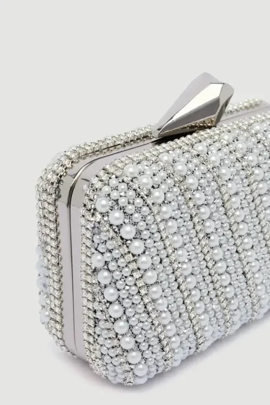 İncili Abiye Clutch Çanta - Beyaz - 3